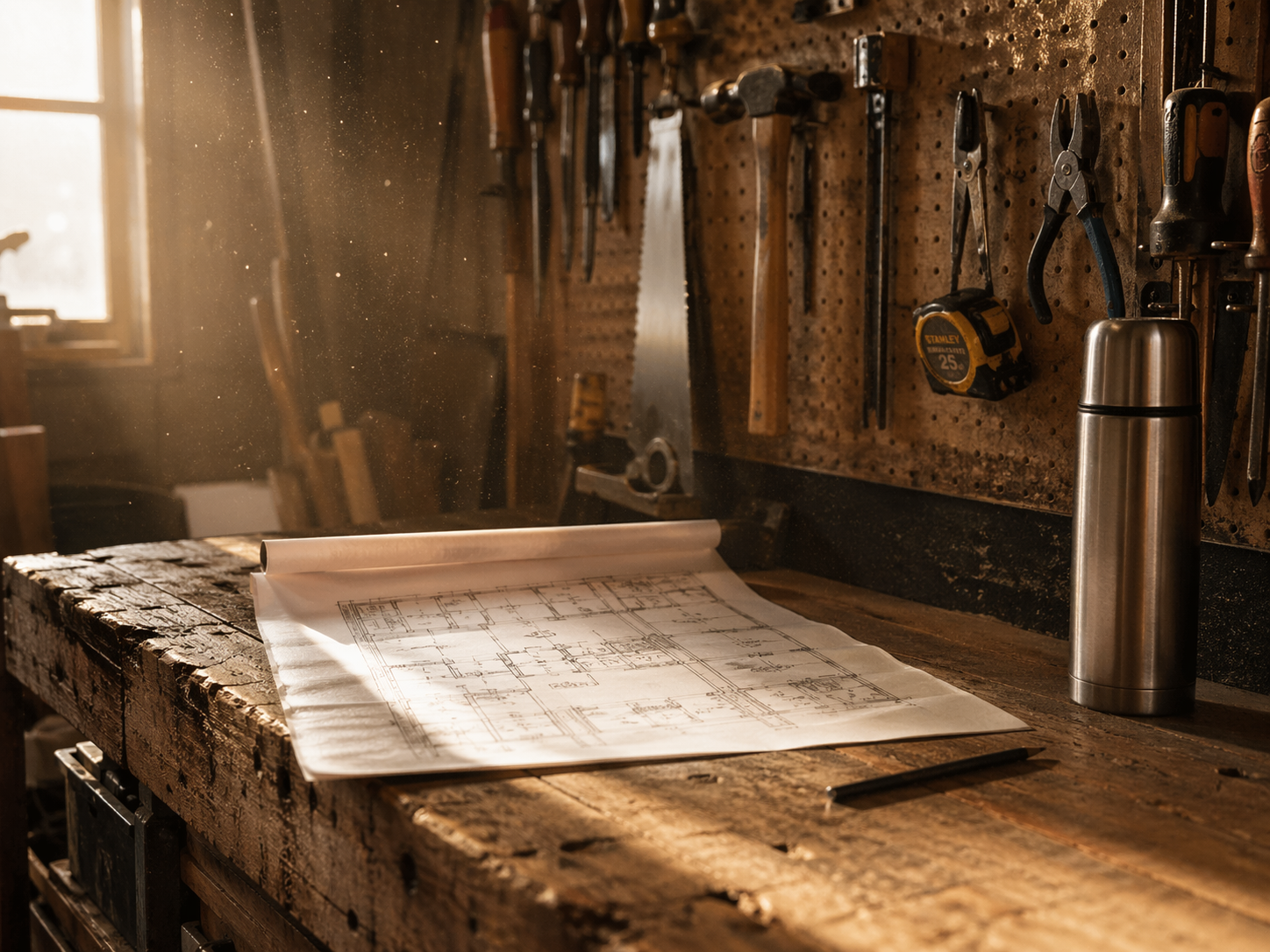 A tradesperson's workbench with plans laid out — the work customers hire you for